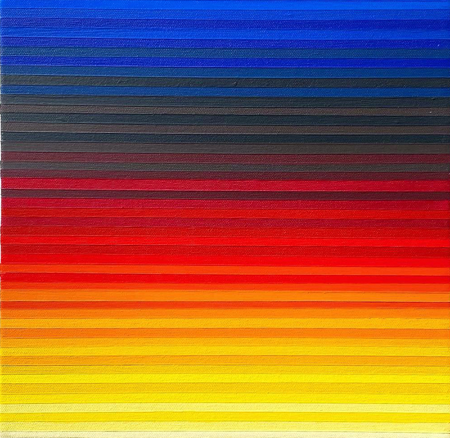 Horizontal lines of color that create a gradient of blue, black, red, and yellow.