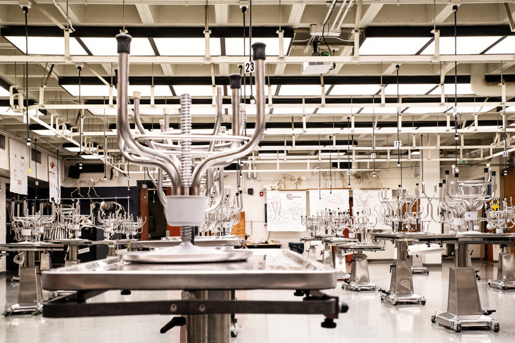 Lab with stainless steel stools stacked on top of stainless steel tables.