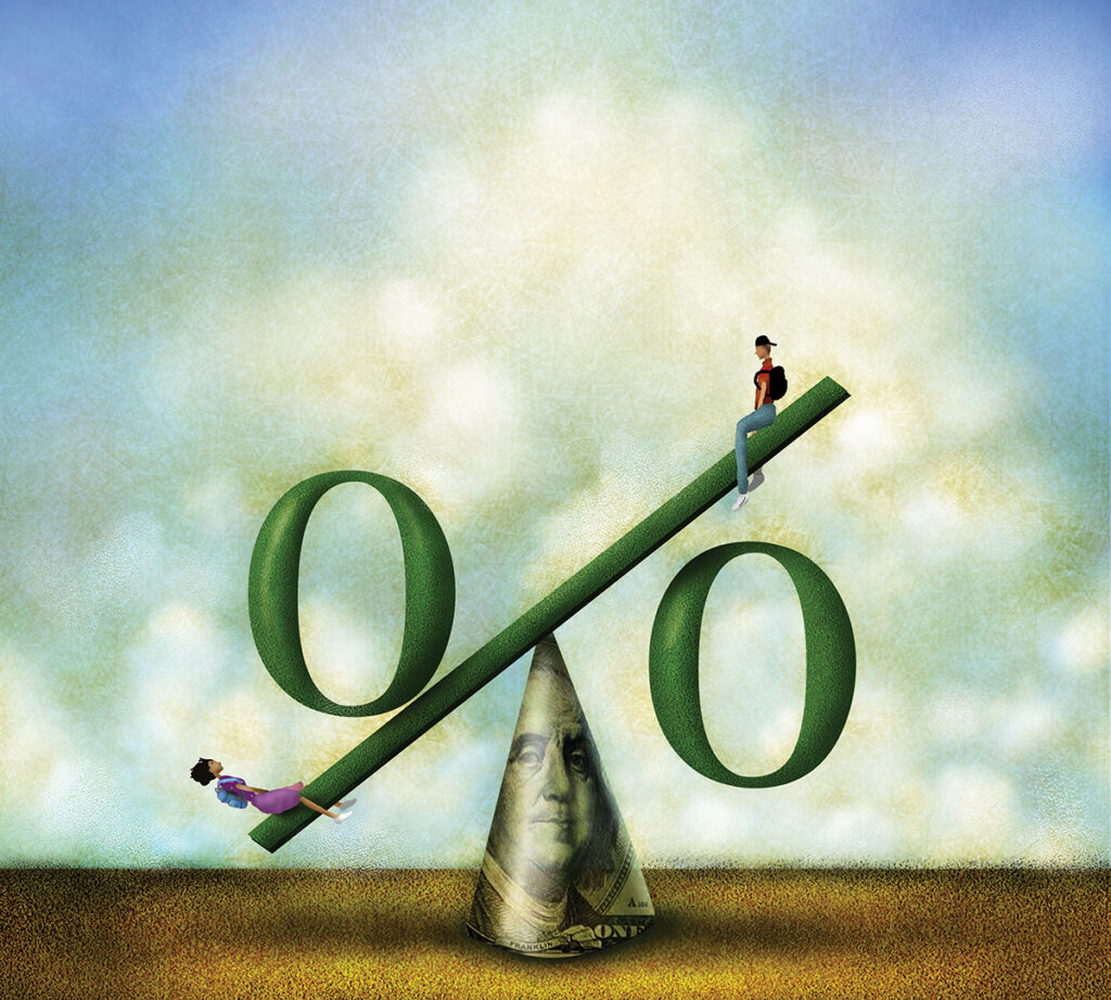 Illustration of a percentage sign as a seesaw with a person on either end.