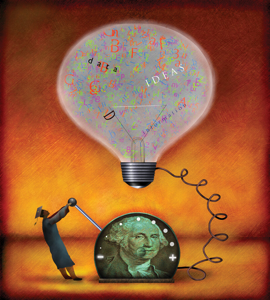 Illustration showing a person in a graduate cap pulling a lever to power a large lightbulb labeled "ideas."