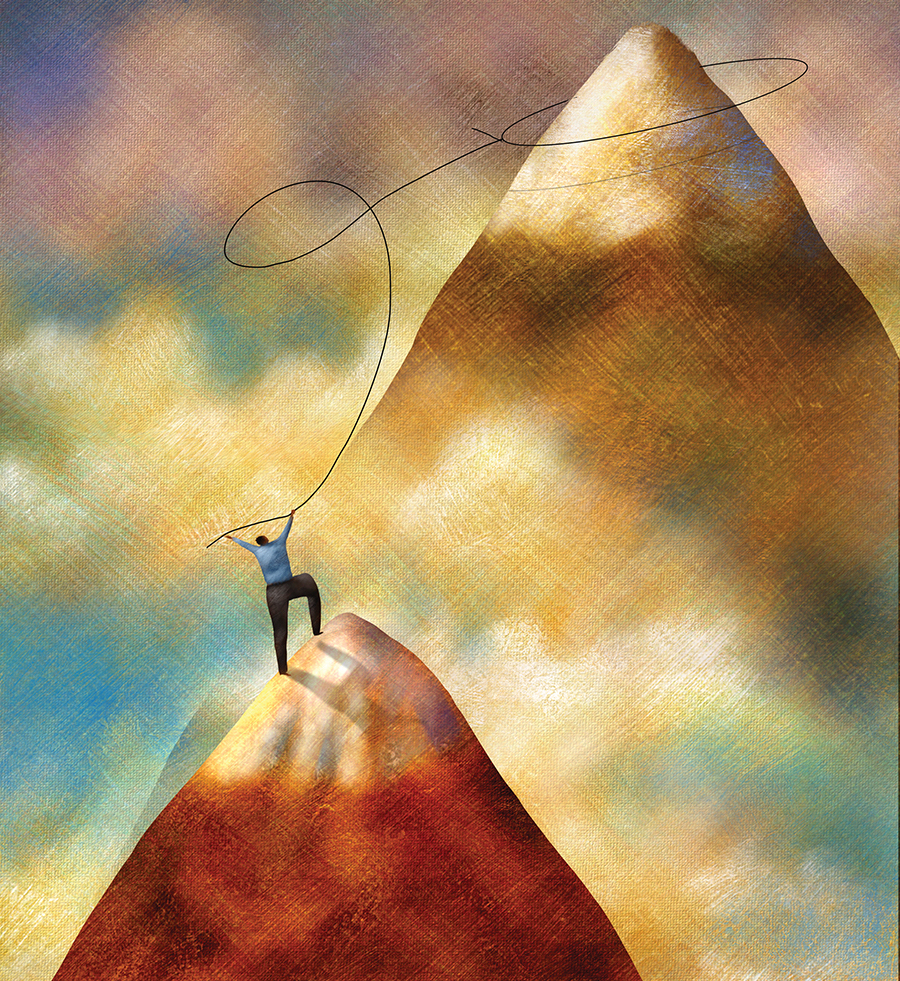 Illustration of a person on a mountaintop.