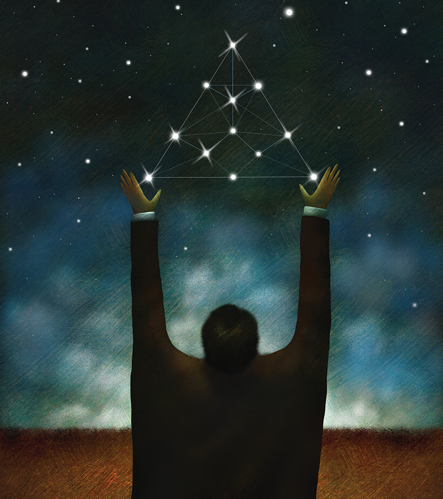 Illustration of a person holding up a triangle of stars.