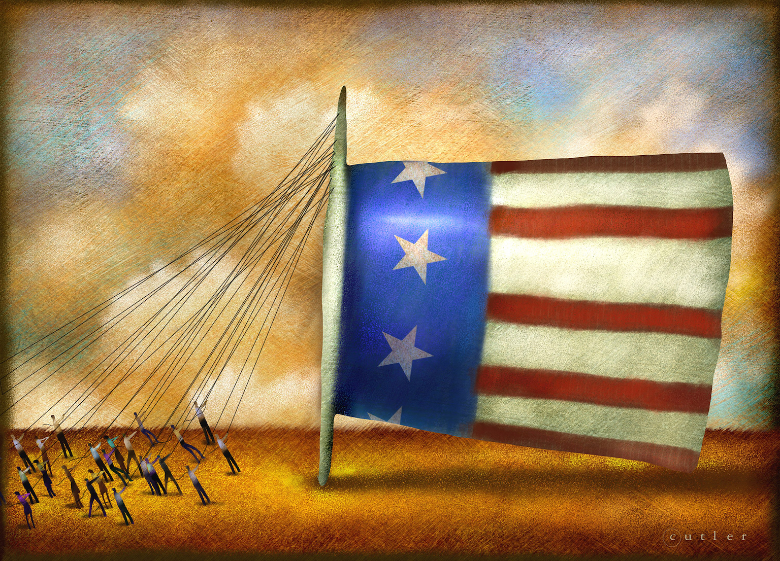 Illustration of a group of people hauling an Uncle Sam hat upright with ropes.