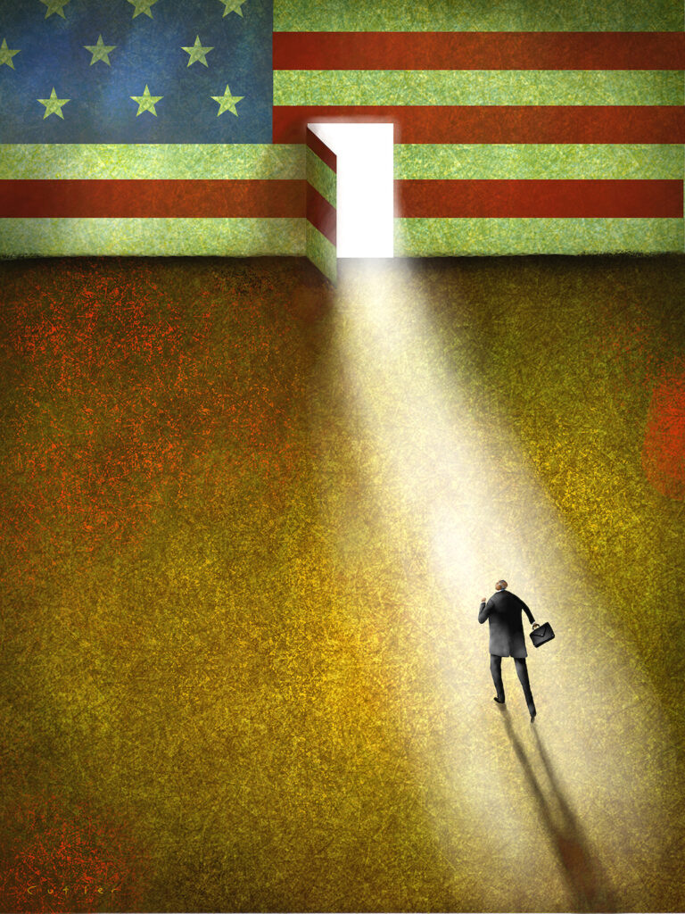 Illustration of a person walking towards an opening in a wall designed as a United States flag.