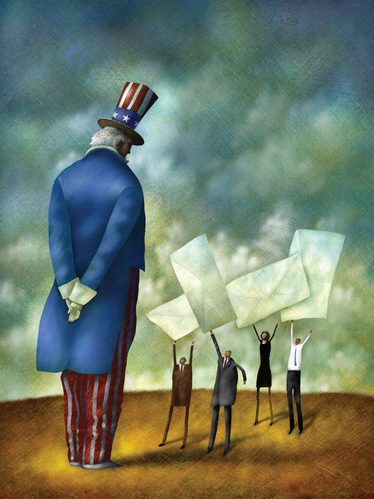 Illustration of four people holding large envelopes in front of a towering Uncle Sam figure.