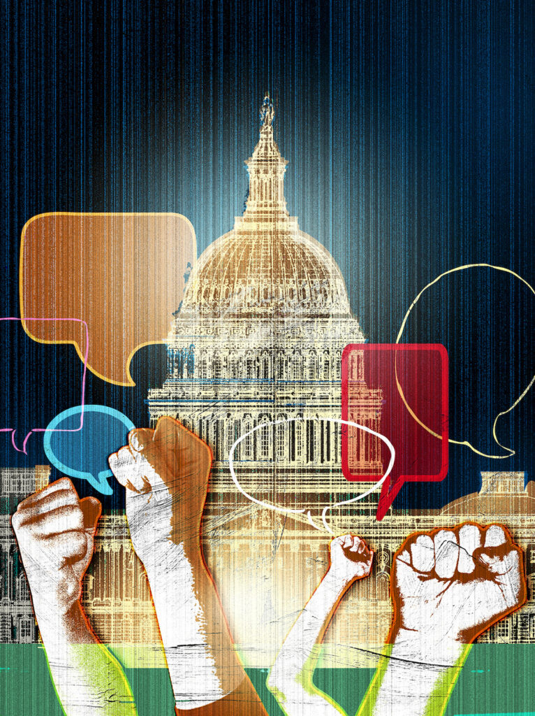 Illustration of upraised fists in front of speech bubbles in front of the U.S. Capitol Building.