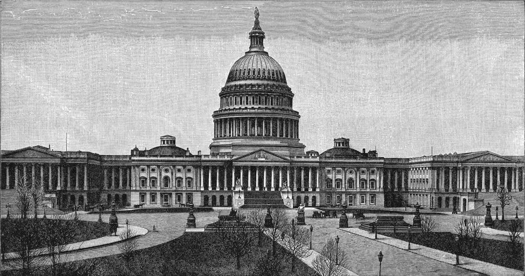 Black and white illustration of the United States Capitol building.