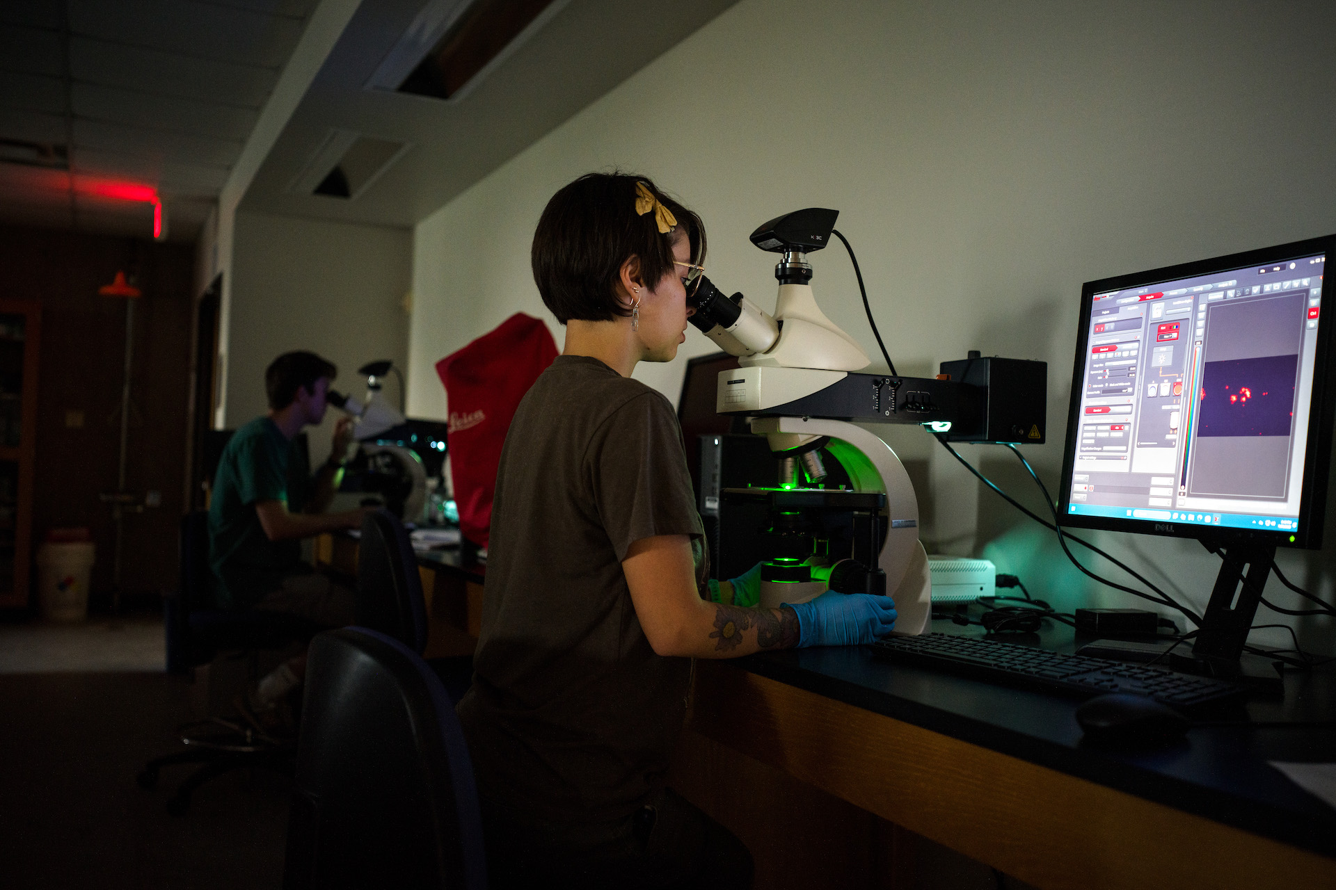 A student stands at a workbench looking into a microscope.