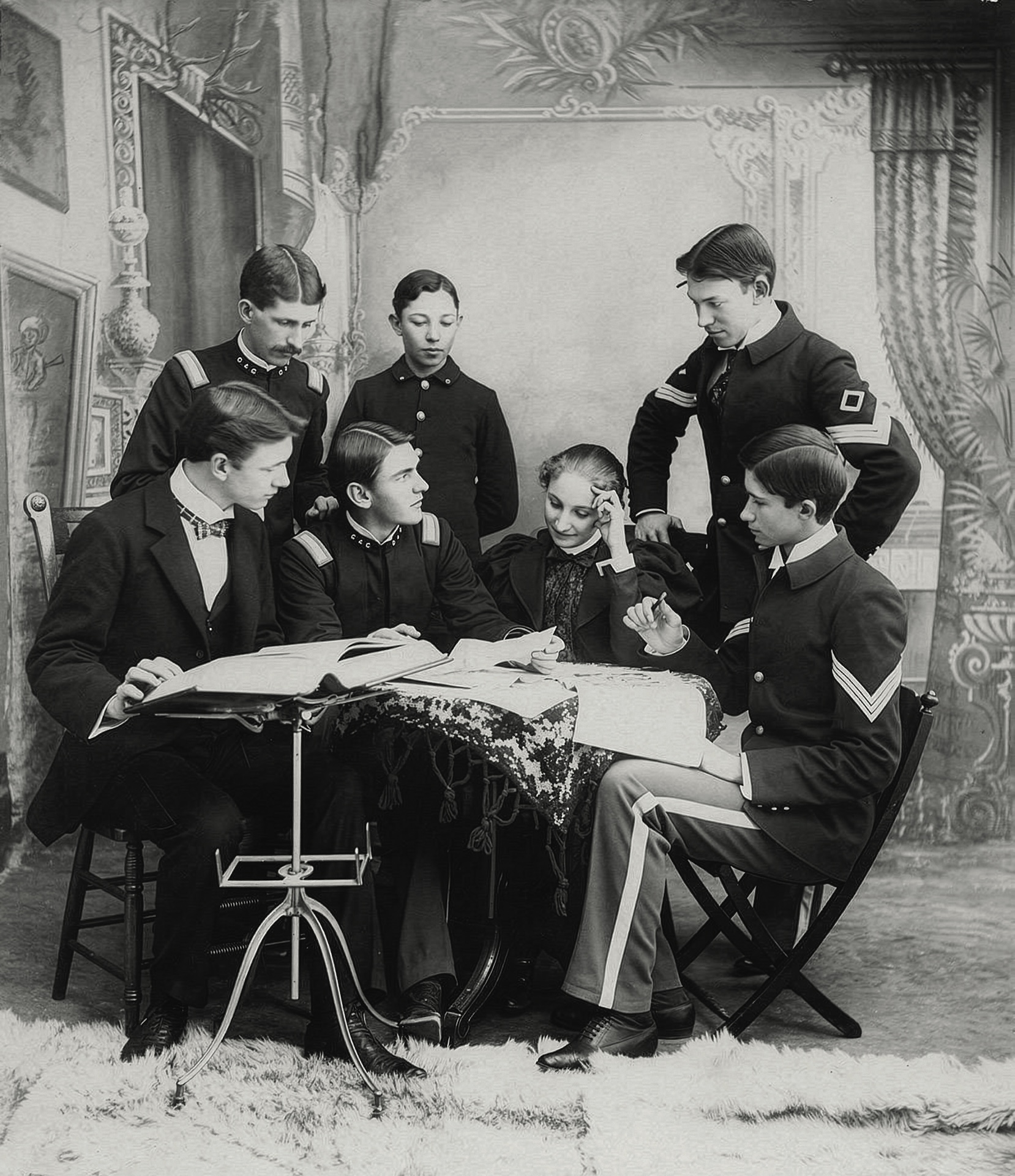 Historical photo of a group of seven students sitting around a table.